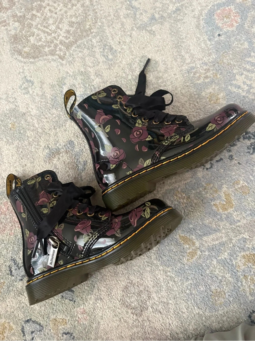Dr. Martens Black Patent Floral Lace-Up Boots with Pink Roses